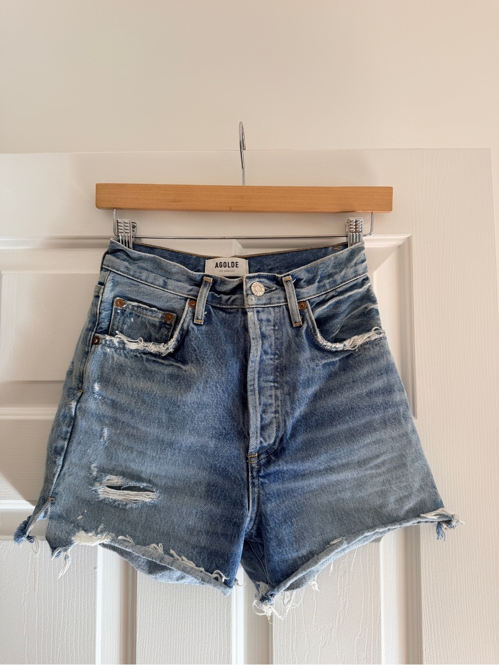 Agolde “Dee” Light Blue Distressed High-Rise Denim Shorts 24